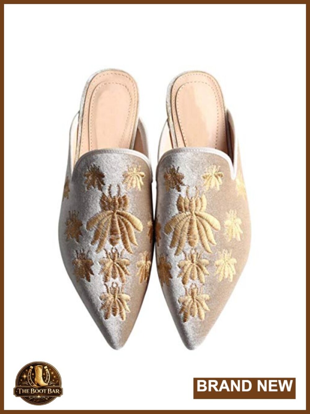 Velvet Embroidered Pointed Toe Slip On Mule Loafers Flats